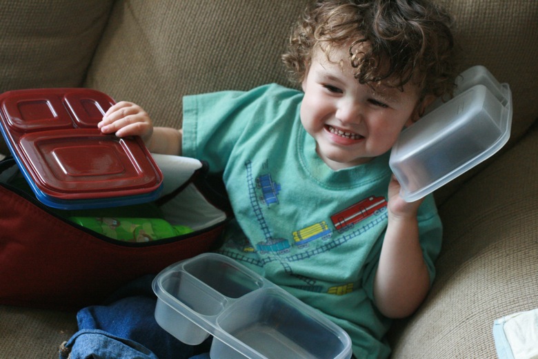 boy playing with containers — EasyLunchboxes giveaway