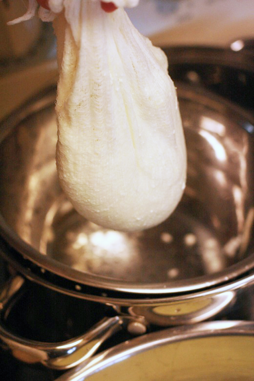 wring out the whey from the cheesecloth - homemade ricotta cheese recipe