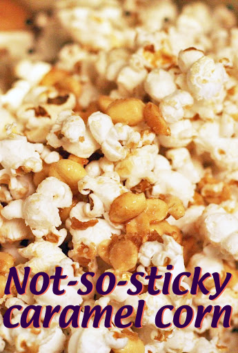 Not-so-sticky caramel corn popcorn recipe at Hobo Mama