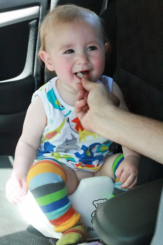 baby doing EC and a snack at a rest stop &#8212; california road trip travel alrik a1yo a13mo