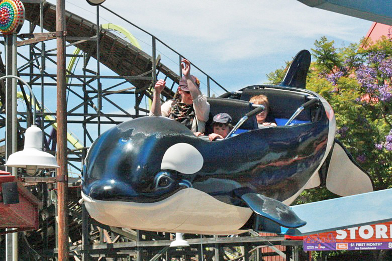 mom and son on amusement park orca ride &#8212;&nbsp;Six Flags California