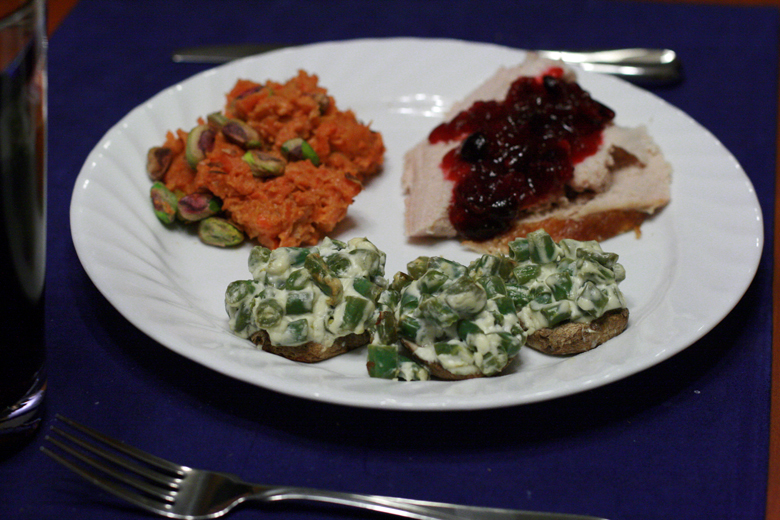 the feast: stuffed mushrooms, carrots, turkey and cranberry sauce &#8212; Thanksgiving dinner 2012 holidays