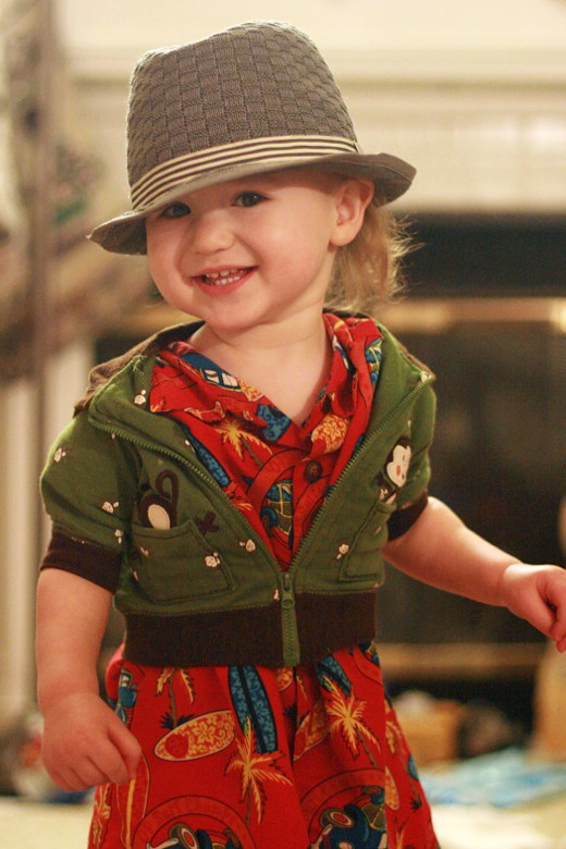 toddler modeling his own unique outfit of hawaiian shirt hoodie and fedora &mdash;