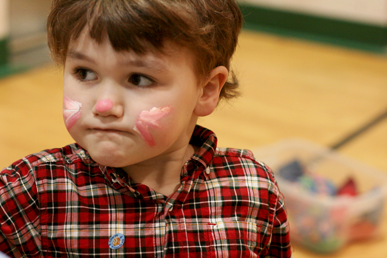 sad bunny face paint at carnival at toddler play gym community center - Easter 2013 holidays