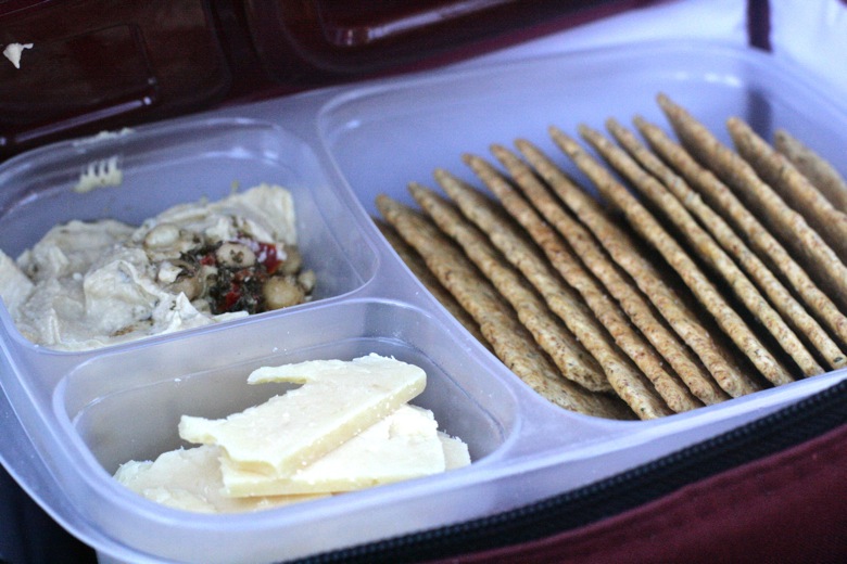 bento compartments filled with cheese hummus and crackers — EasyLunchboxes giveaway