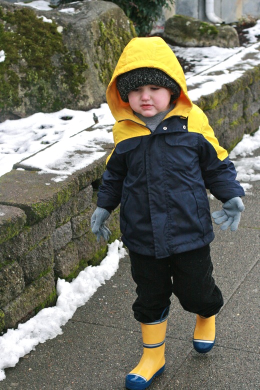 boy walking in snow jacket and boots in winter outdoors in Seattle