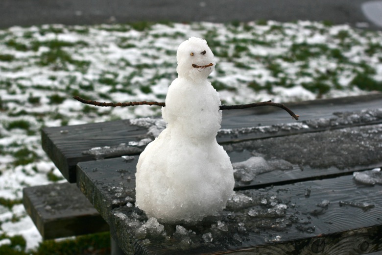 building tiny snowman outdoors in Seattle — on picnic table winter