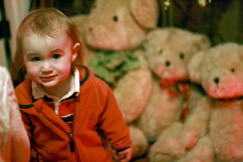 toddler in front of teddy bears — Christmas downtown Seattle meetup holidays
