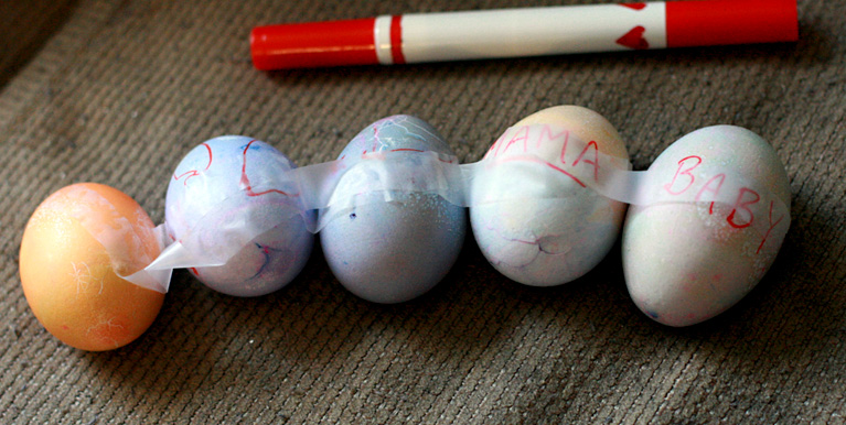Decorated Easter eggs taped together saying Mama and Baby