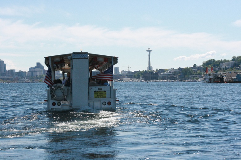 Ride the Ducks Seattle duck boat ahead of us on water