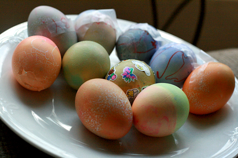 Dyed Easter eggs on a plate